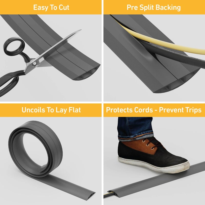 D-Line 6ft Floor Cord Cover, Cable Channel, Protect Cords, Prevent Trips - 0.63" W x 0.31" H - Gray - Image 2